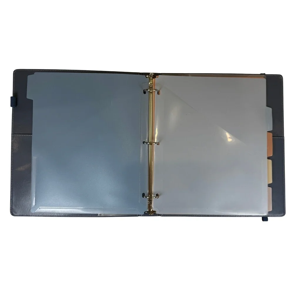 Blue Faux Leather 3-Ring Binder Clipboard Organizer with Dividers and Pockets